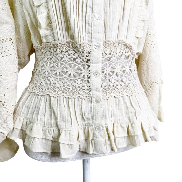 NWT Anthropologie Love Sam Boho Cotton Lace Peplum Full Sleeve Top Ecru Size S - Picture 7 of 16